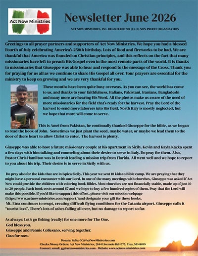A June 2026 newsletter from Act Now Ministries with text, two small photos (a man fishing and two men with a Bible), and a beach scene at the bottom. The newsletter discusses ministry updates and gratitude.